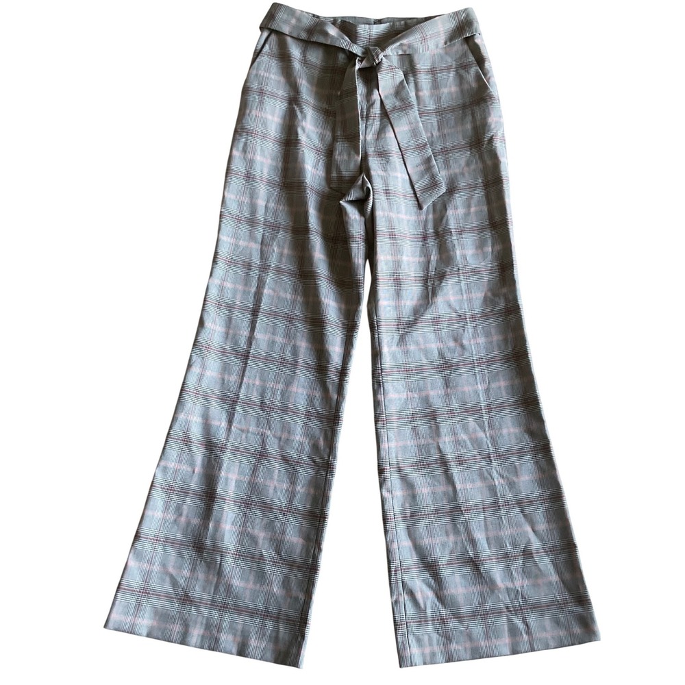 Antonio Milani women's pants trousers glen plaid wide leg flare 6 belted rayon